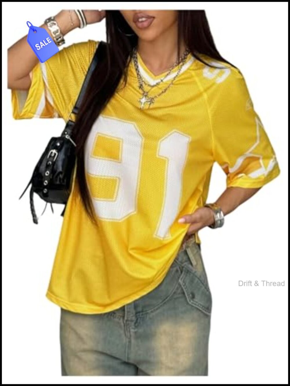 Oversized V Neck Football Jersey Graphic Print Loose Fit T Shirt